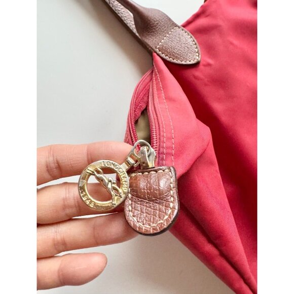 *Worn* LONGCHAMP Le Pliage Original M Red Nylon Canvas Leather Trim Tote Bag - Picture 7 of 16